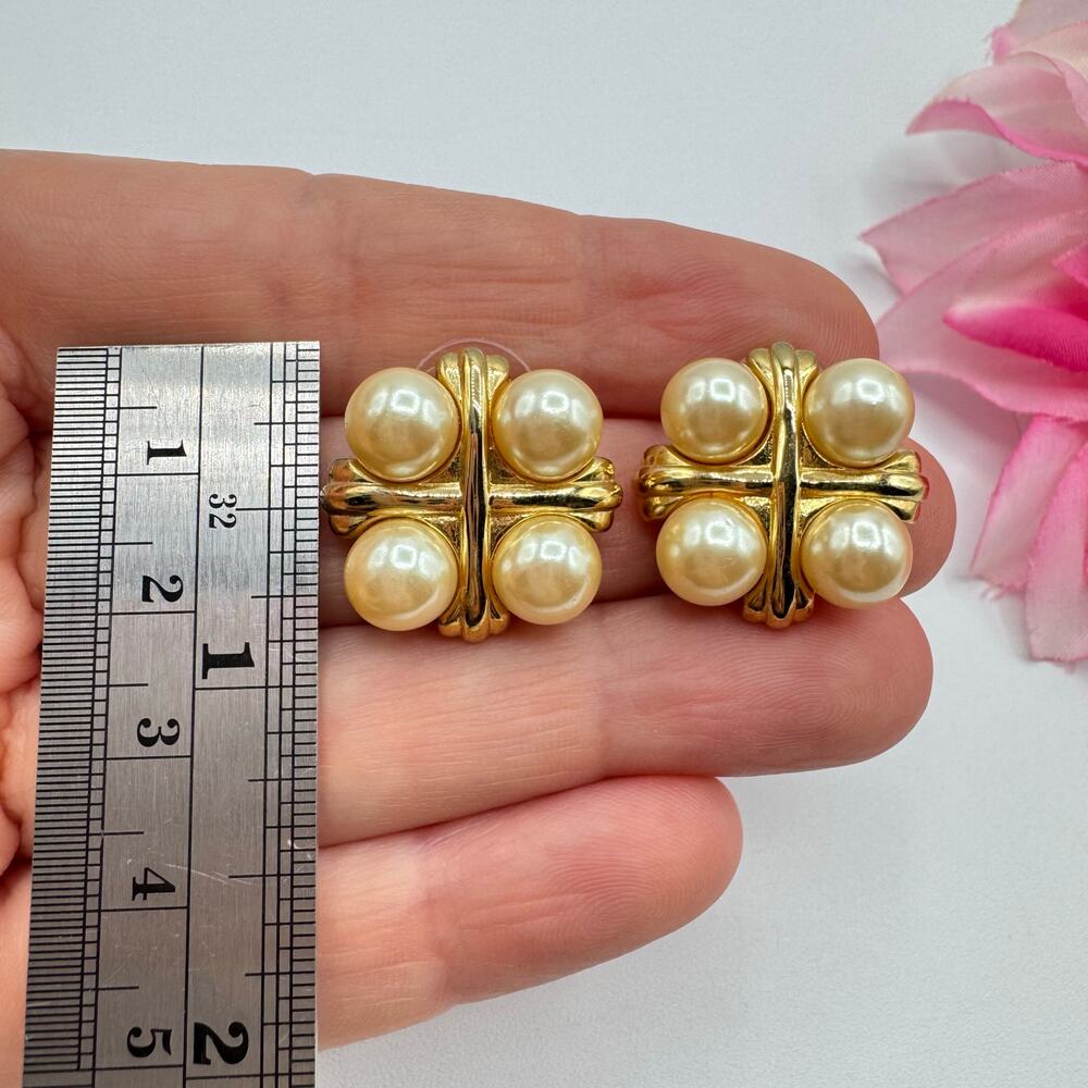 Vintage Givenchy Ivory Faux Pearl Maltese Cross Stud Earrings Gold Tone Signed - Picture 6 of 8